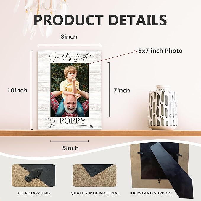 Poppy Gifts Picture Frame 5x7, Grandpa Photo Frame, Christmas Fathers Day Birthday Gifts for Poppys from Grandkids, World's Best Poppy Wooden Picture Photo Frames for Desk Home Room Decor