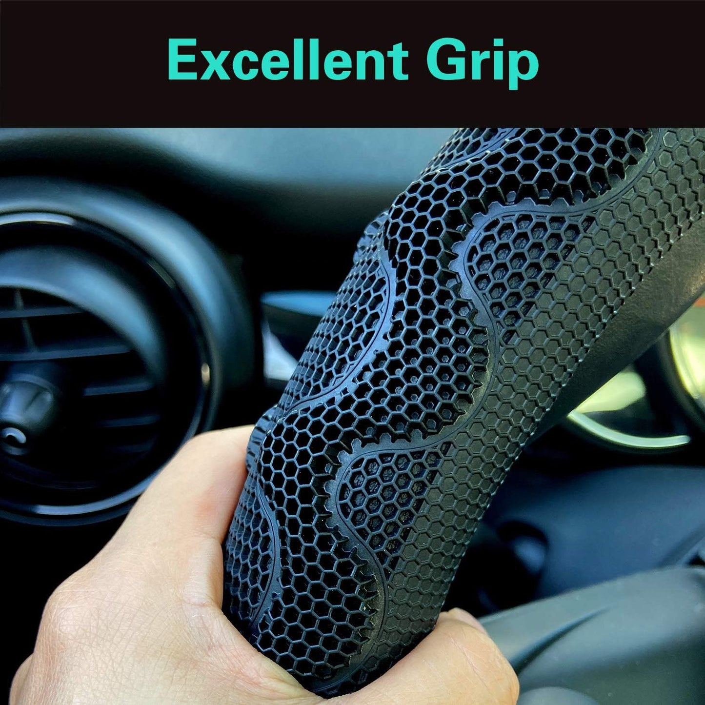 PINCTROT Large Size Steering Wheel Cover Great Grip with 3D Honeycomb Anti-Slip Design, 15.5-15.75 Inch (Black/Red Stitch)