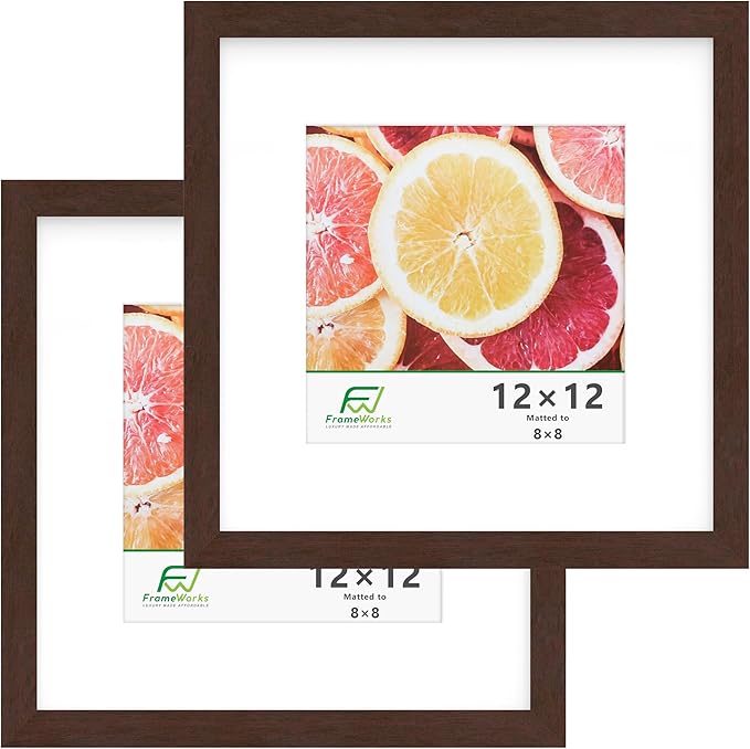 FrameWorks 2-Pack, 12x12 Matted to 8x8 Picture Frame, Mahogany ??Classic Wooden Photo Frame with Tempered Glass, Modern Matte Finish for Prints, Posters, Certificates & Wall Decor ??Gallery-Ready