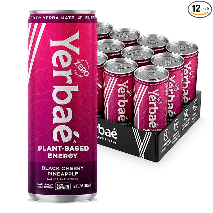 Yerbaé Energy Beverage, Black Cherry Pineapple, 120mg Caffeine. No Sugar/Calories/Carbs, Energized by Yerba Mate, Plant-Based, Healthy Alternative to Sugary Drinks, Pack of 12, 12oz cans