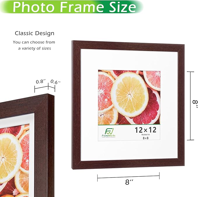 FrameWorks 2-Pack, 12x12 Matted to 8x8 Picture Frame, Mahogany ??Classic Wooden Photo Frame with Tempered Glass, Modern Matte Finish for Prints, Posters, Certificates & Wall Decor ??Gallery-Ready