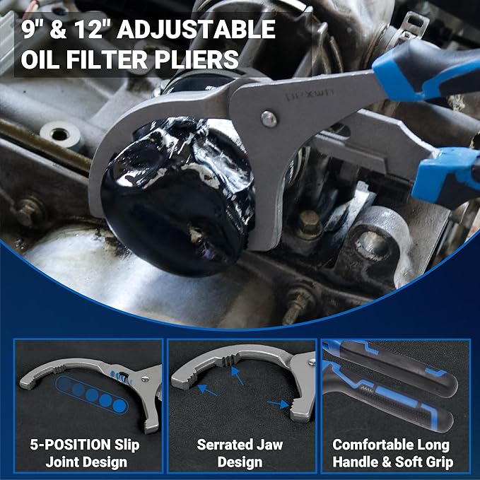 8PC Oil Filter Wrench Set - Swivel Wrenches (2-3/4" to 5-1/4") + Adjustable Pliers (9" & 12") + 3-Jaw Removal Tool w/ 1/2" & 3/8" Adapter - Universal Oil Filter Removal Kit