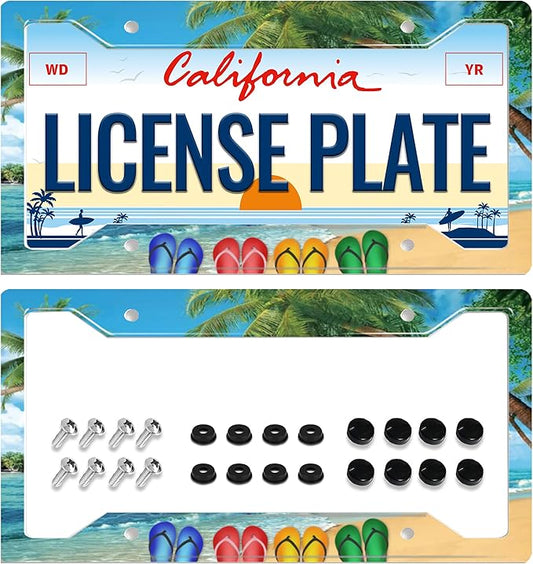 Hawaii Beach Flip Flops License Plate Frame Palm Tree 2Pcs for Car Decorative Parts License Plate for Standard Us Canada License Plate Holder 12x6 Inch