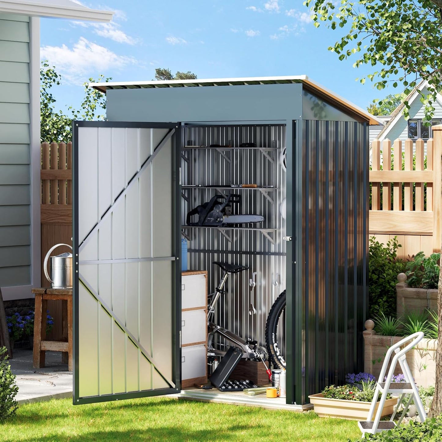 5X3X6.1FT Outdoor Steel Storage Shed with Frame Floor and Lockable Doors, Ideal for Garden, Backyard, Patio Storage
