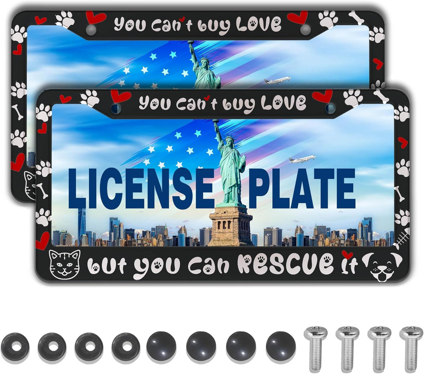License Plate Frame Black and White Front License Plate Bracket You Can’t Buy Love, but You Can Rescue It Aluminum Metal Car Accessory 2 Pack with Screw Covers Set