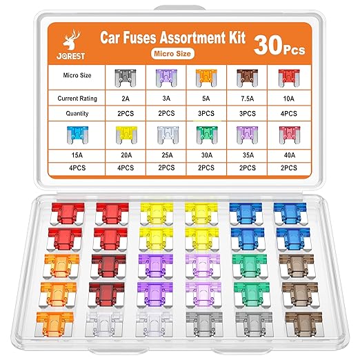 JOREST 30Pcs Car Fuse Kit - Micro Blade Fuses Automotive (Low Profile Mini Fuse) - Replacement Fuses Assortment Kit for Car/RV/Truck/Motor (2Amp 3A 5A 7.5A 10A 15A 20A 25A 30A 35A 40A)