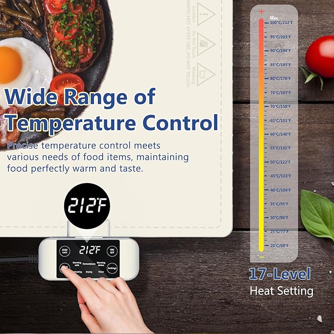 Waterproof Electric Food Warming Mat, Food Grade Silicone Warming Tray with 17 Temp Setting and 6 Hours Timer, Full Surface Heating Mat, Roll Up Food Warmers for Parties Buffet (Ivory)
