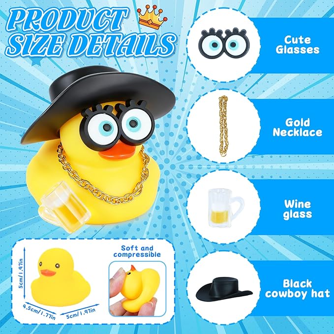 BOZILY Cowboy Rubber Duck Car Decor with Detachable Accessories (Hat, Golden Chain, Beer Mug) - Funny Dashboard Ducky Ornament for Car Enthusiasts, Office & Truck Decoration