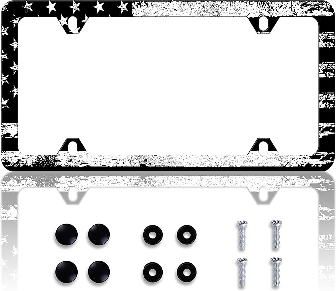 Vintage Black White American Flag License Plate Frame Patriotic Personalise Stainless Steel Funny Design Compatible with Standard License Plate Holder for USA and Canada 6 X 12 with Screws