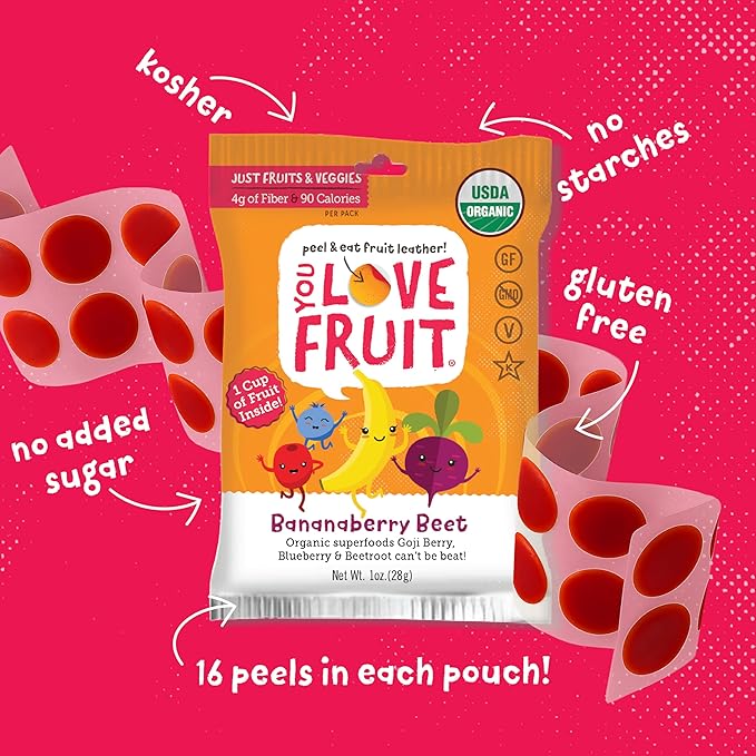 YOU LOVE FRUIT – BANANABERRY BEET All Natural Fruit Snacks, Healthy Snack Pack, Real Fruit! Gluten Free, Non GMO, Vegan, Fiber packed, Low Fat, Kosher, Variety Pack, Great For Adding To Gift Box, 1.0 oz (Pack of 12)