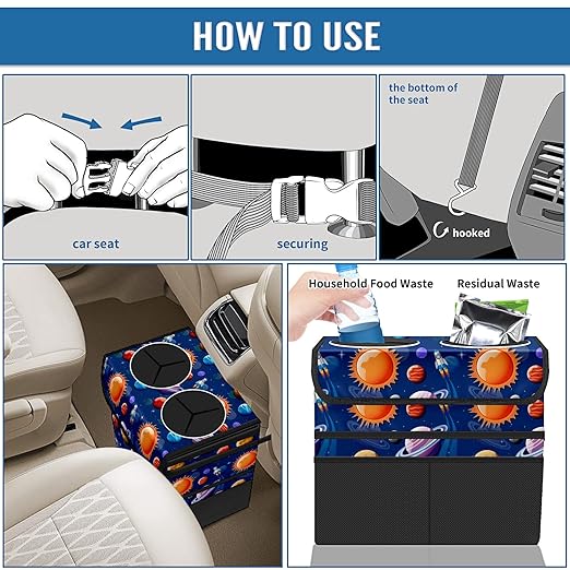 Car Trash Can Navy Blue Space Planets Art Large Storage Garbage Can with Lid Hanging for Back Seat Leakproof Automotive Vehicle Trash Bin