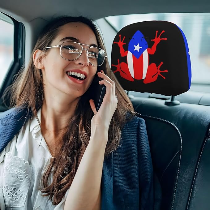 Puerto Rico Car Headrest Covers 2 Pack – Double-Sided Taíno Frog & Puerto Rican Flag Design – Universal Fit Stretch Seat Headrest Protector for Cars, SUVs & Trucks