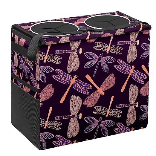Car Trash Can Purple Dragonfly Large Storage Garbage Can with Lid Hanging for Back Seat Leakproof Automotive Vehicle Trash Bin