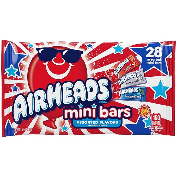 Airheads Candy Mini Bars, Red, White, & Blue, Assorted Flavors Variety Bag, Party, Non-Melting, 12 oz Bag