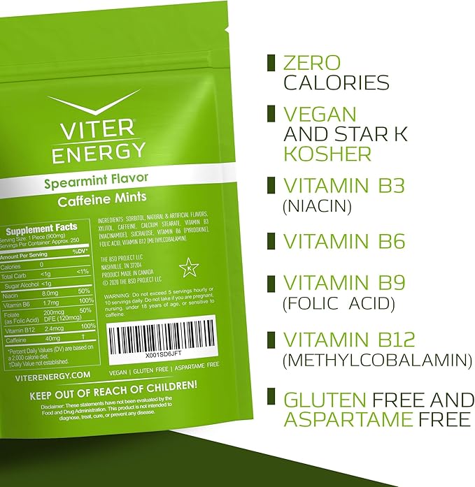 Viter Energy 40mg Caffeine Mints - Sugar Free, B Vitamins, Vegan, Boosts Fast Energized Alert Focus, Caffeinated Nootropic Supplement Pills (Spearmint Flavor, 8oz, Bulk Bag)