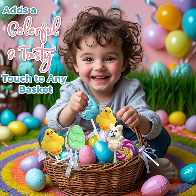24 Easter Candy Lollipops Individually Wrapped Bulk Variety Pack - Bunny, Chick, Egg - Easter Basket Stuffers - Egg Hunt - Candy Dish (Strawberry, Raspberry, Lemon)