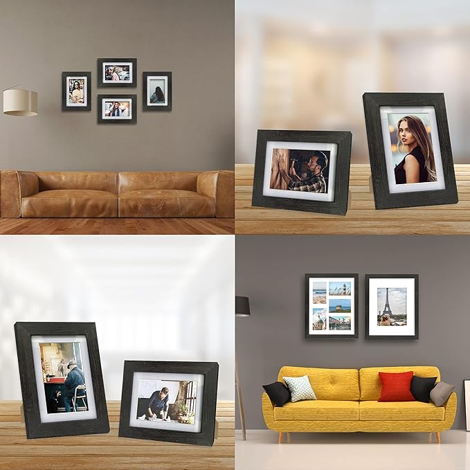 5x7 Picture Frame Set of 4, Made of Real Glass and Rustic Black Wooden Frame, 5 by 7 Photo for Wall or Tabletop - Display Picture 4x6 with Mat or 5x7 Without Mat