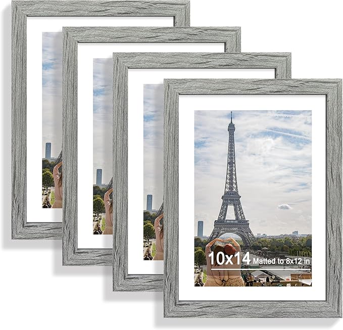 10x14 Picture Frame Set of 4, Made of Glass and Grey Wooden Frame, Display 8x12 Pictures with Mat or 30 x 40cm Diamond Painting Art without Mat for Wall Mounting, Gallery Photo Frames