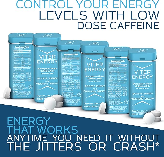 Viter Energy Caffeinated Mints 40mg Caffeine, B Vitamins, Sugar Free. (Wintergreen, 20pcs, 6 Pack)