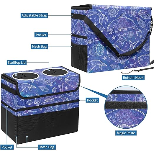 Car Trash Can Purple Whale Seashell Large Storage Garbage Can with Lid Hanging for Back Seat Leakproof Automotive Vehicle Trash Bin