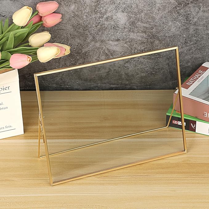 JUXYES Tabletop Business License Frame Brass License Certificate Display Frame, Double Glass Floating Diploma Frames, Desktop Golden Graduation Frames for 8.5x11 Certificate Business Licenses