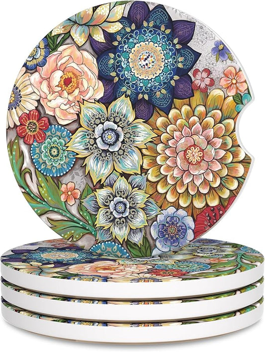 Car Cup Holder Coaster, Car Coasters for Cup Holders, 4 Pack Universal Anti Slip Insert Absorbent Ceramic Auto Interior Accessories with A Finger Notch & Cork Base, Mandala Flowers