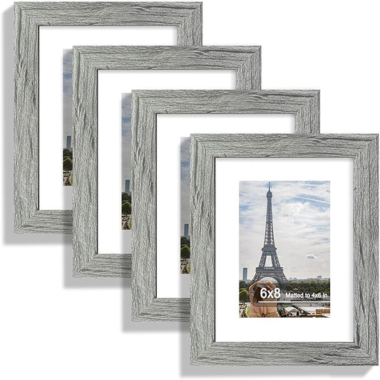 6x8 Picture Frame Set of 4, Made of Real Glass and Grey Frame - Display Picture 4x6 with Mat or 6x8 Without Mat, 6 by 8 Photo for Wall or Tabletop