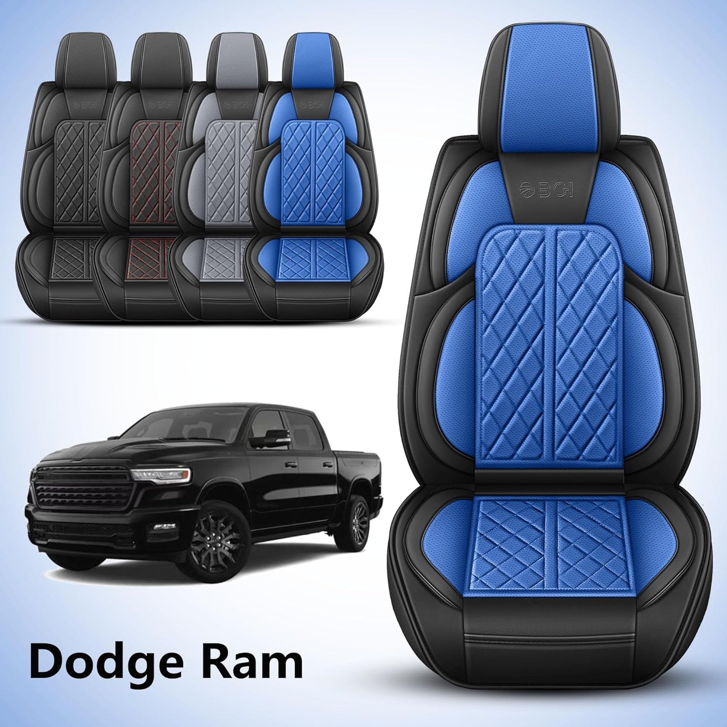 Car Seat Cover Custom Fit for Dodge Ram 1500 2500 3500 2009-2024 Faux Leather Seat Cover Set Compatible with Crew Quad Regular Cab Pickup Truck Cushions (Black & Blue, Full Set, Flat Rear)