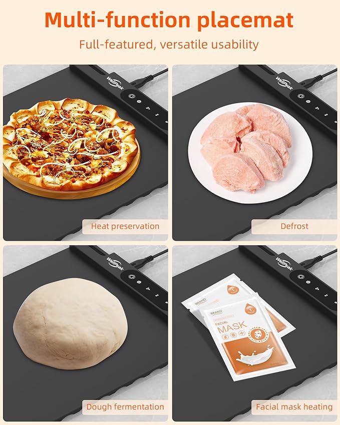 Electric Warming Mat for Food - Full Surface Fast Heating Silicone Tray with 3-Level Temperature, Auto-Off, Raised Feet for Table Protection, Versatile Warmer for Gatherings, Parties, Buffets, Black