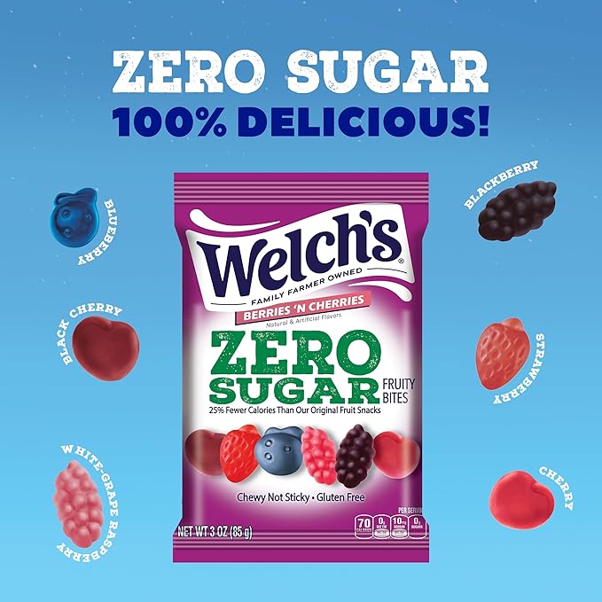 Welch's Zero Sugar Fruity Bites, Berries 'n Cherries Snack Box, Gluten Free & Sugar Free Snacks, 3oz Snack Packs (Pack of 6)