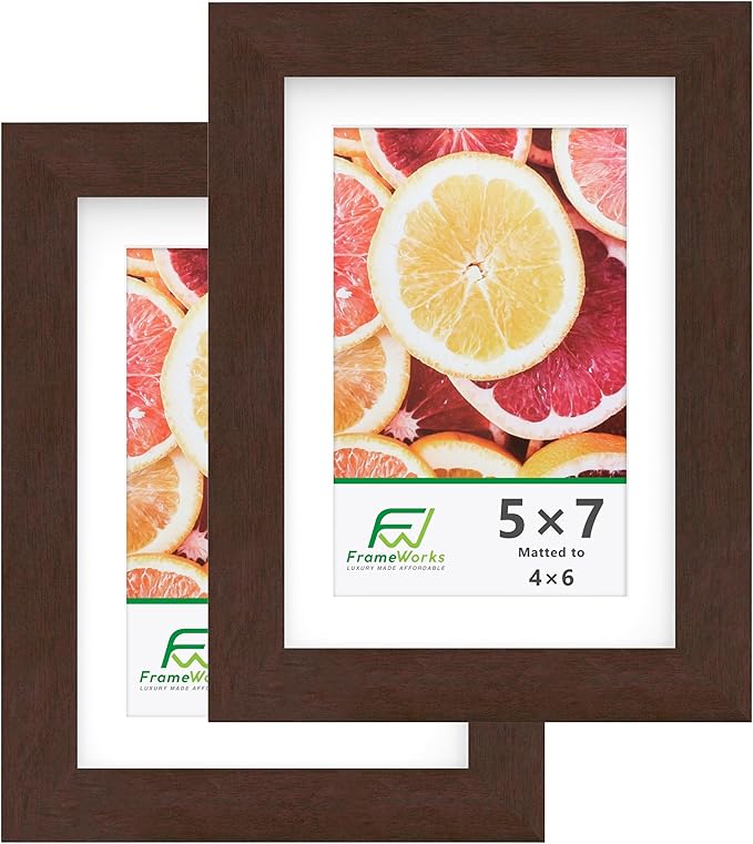 FrameWorks 2-Pack, 5x7 Matted to 4x6 Picture Frame, Mahogany ??Classic Wooden Photo Frame with Tempered Glass, Modern Matte Finish for Prints, Posters, Certificates & Wall Decor ??Gallery-Ready