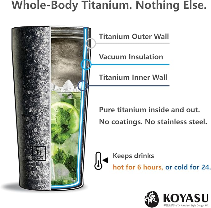 KOYASU 16oz Whole-Body Titanium Travel Mug – Double-Wall Insulated Cup, Leak-Proof Lid, Lightweight & Reusable, BPA-Free Tumbler, Wide Mouth, Durable, Hot 6H/Cold 24H, for Commute or Camping (Lunar)
