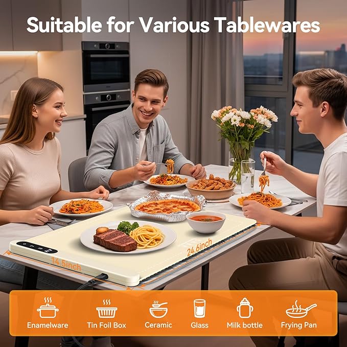 Food Warming Mat, Silicone Electric Warming Tray with 6 Adjustable Temperature, Full Surface Heating, Portable Roll Up Heating Mat with Heat-resistant Pad, Kitchen Food Warmer Pad for Buffets Party