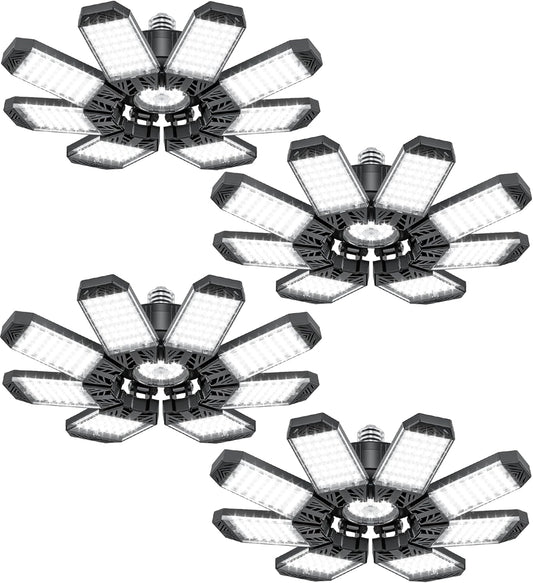 ISKYDRAW LED Garage Lights, 4 Pack Garage Lighting 260W 26000LM Bright Shop Ceiling Lights Screw Into E26 E27 Bulb Socket, Deformable 8+1 Panels 6500K Basement Bay Lighting for Workshop Barn Porch