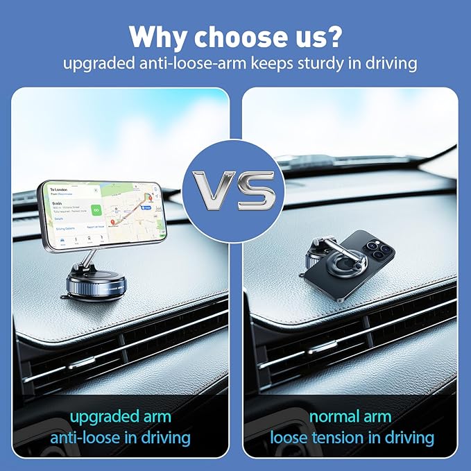 Magnetic Car Phone Holder Mount【Upgraded Anti-Loose-Arm Version】 360° Adjustable Nano Gel Vacuum Suction Cup Phone Holders for Your Car for MagSafe Cases iPhone 17-12 [108lbs & 3000gf]