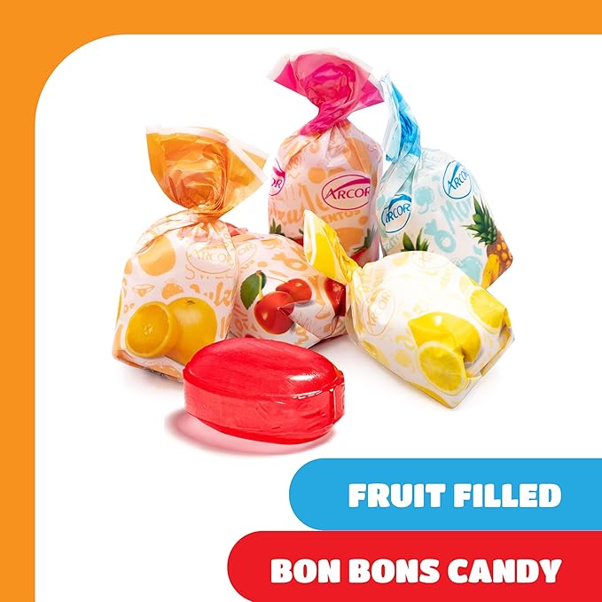 Arcor Fruit Filled Hard Candy - 2 Pound Bulk Bag - Bon Bons Candy - Individually Wrapped Assorted Fruit Candy for Office Bowls - Pineapple, Strawberry, Orange, Cherry, and Lemon