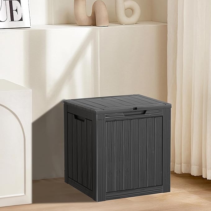 35 Gallon Resin Deck Box, Waterproof Outdoor Storage Bin for Patio, Poolside, and Garden, Lockable & UV-Resistant, Ideal for Small Spaces, Black