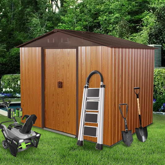 8x6 FT Outdoor Storage Shed,Metal Shed with Floor,Garden Shed W/ 4 Air Vents & Lockable Sliding Door,All Weather Waterproof Tool House W/Sloped Roof,for Backyard,Patio,Lawn,Coffee