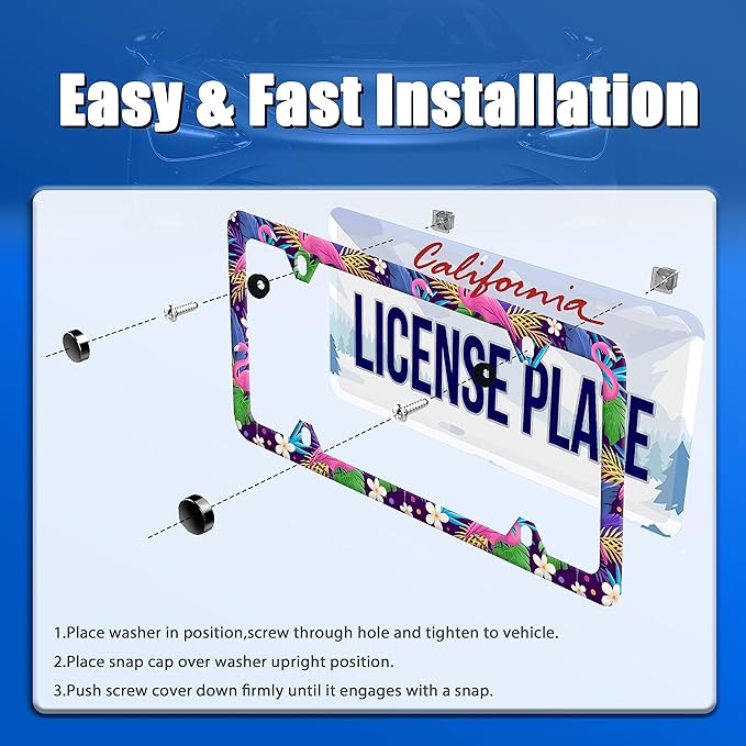 Flamingo Flower Palm Trees License Plate Frame Stainless Steel Auto Parts Colorful Tropical License Plate Decorative with Screws Size 12.3" x 6.3"
