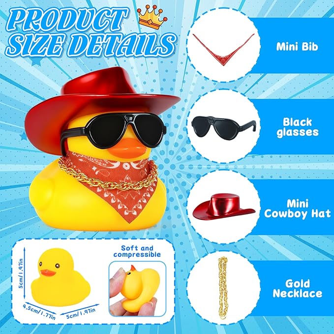 BOZILY Cool Cowboy Rubber Duck with Red Hat, Sunglasses, Bandana & Gold Necklace - Squeaky Dashboard Decor for Car, Stress Relief Squeeze Decor, Funny Gift for Adults