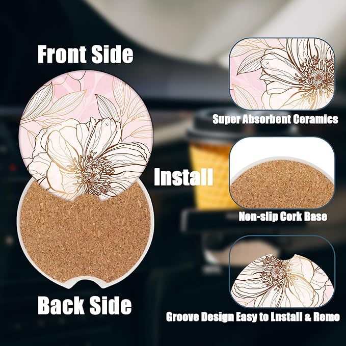 Car Cup Holder Coaster - Pink Flowers Absorbent Ceramic Coaster 2 Pack, Car Coasters for Cup Holders, Fashion Car Interior Accessories Drink Coaster for Women & Men