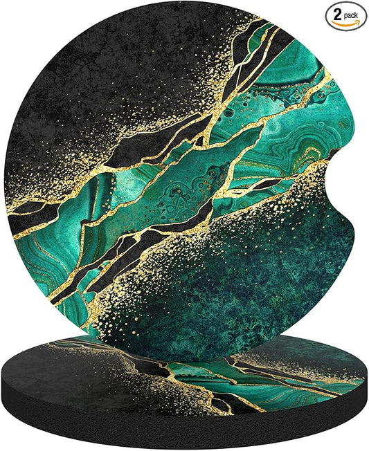 Car Cup Holder Coasters, 2 Pack Universal Auto Anti Slip Insert Coaster with A Finger Notch, Cute Car Assecories for Women Men, Cup Mat for Most Interior, Luxury Teal Marble