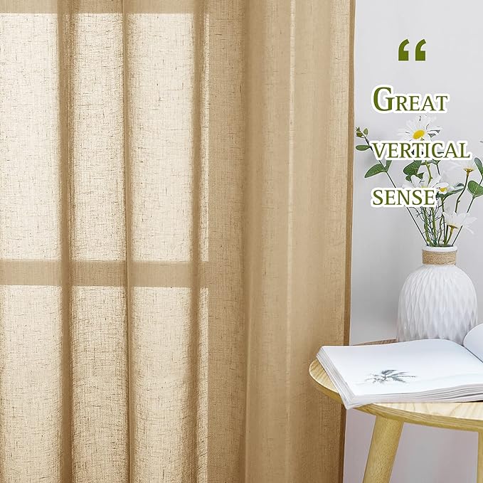 NICETOWN Sheer Curtains Flax Texture 84 inch Length, Grommet Semi Sheer Window Treatments Privacy with Light Filtering Drapes for Bedroom/Living Room, Camel, W52 x L84, 2 Panels