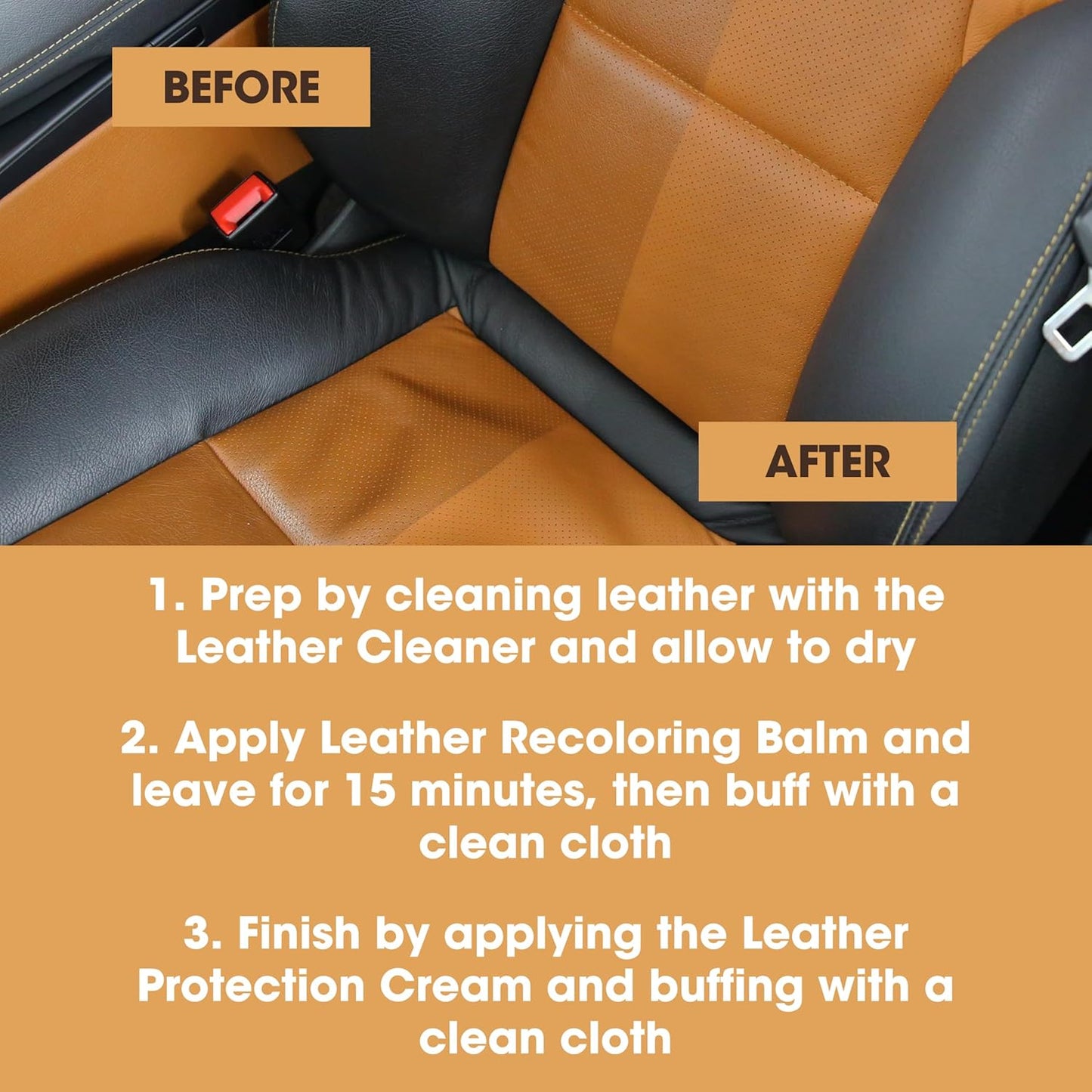 Furniture Clinic Leather Complete Restoration Kit | with Leather Recoloring Balm, Cleaner, 2-in-1 Protection Cream & Conditioner, Sponge, and Cloth | Repair Kit for Furniture (Camel)