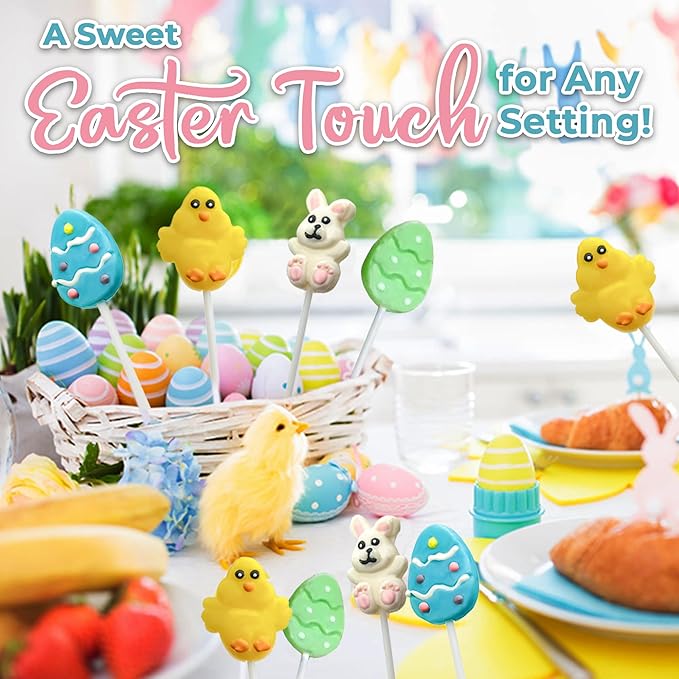 24 Easter Candy Lollipops Individually Wrapped Bulk Variety Pack - Bunny, Chick, Egg - Easter Basket Stuffers - Egg Hunt - Candy Dish (Strawberry, Raspberry, Lemon)