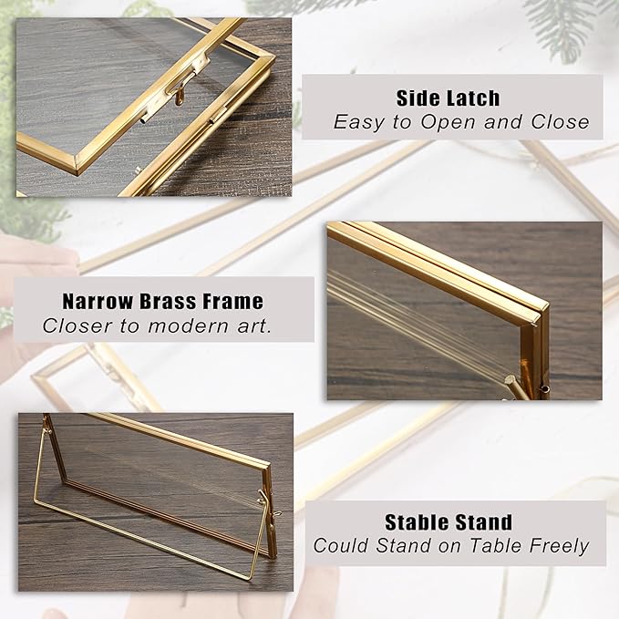 JUXYES 2 Pack Tabletop Business License Frame Brass License Certificate Display Frame, Double Glass Floating Diploma Frames, Desktop Golden Graduation Frames for 4x9 and 3.5x8.5 Certificate Business