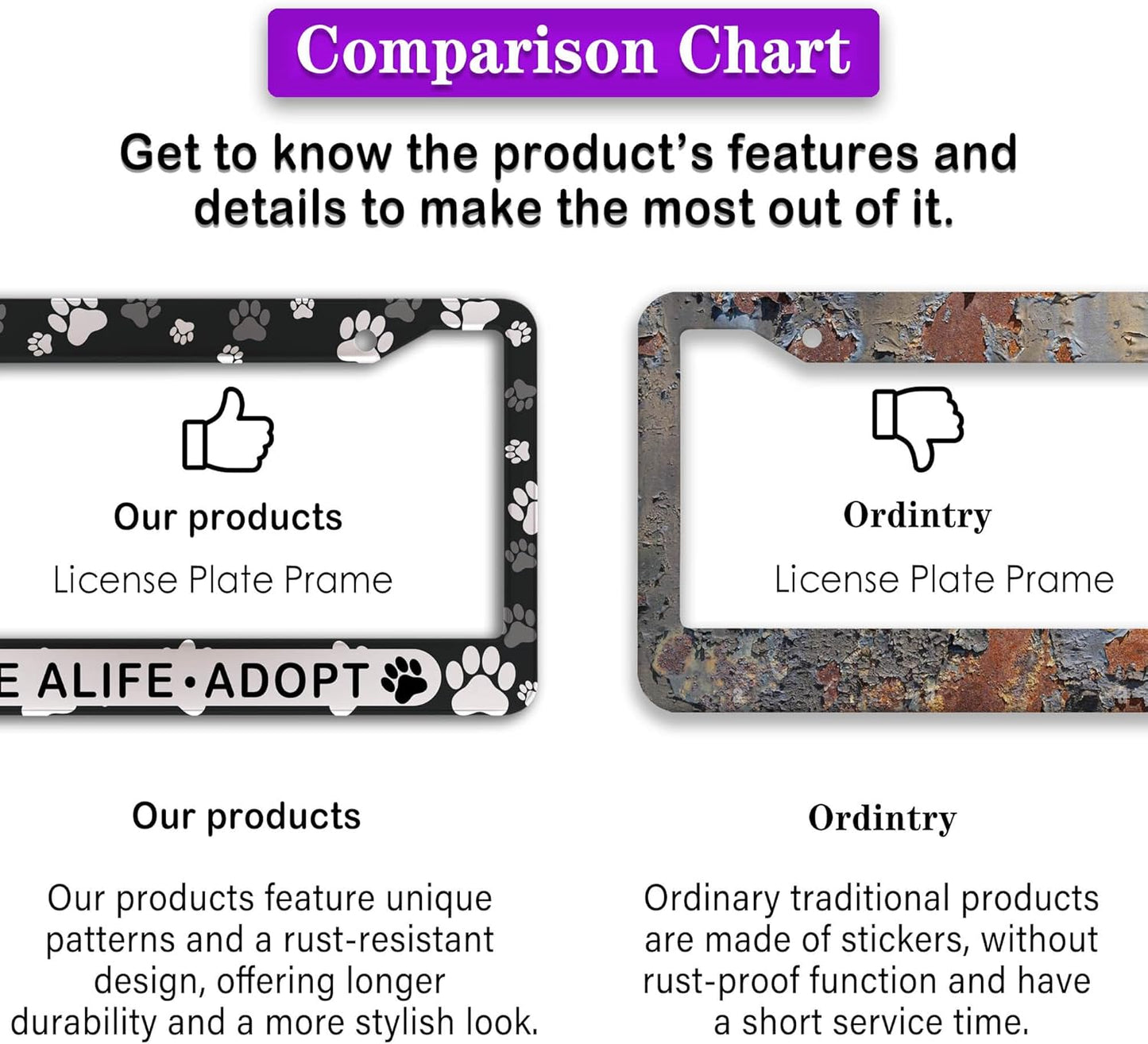 License Plate Holder Black and White License Plate Frames Save a Life Adopt Aluminum Metal Car Accessory 2 Pack with Screw Covers Set