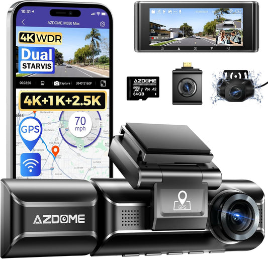 AZDOME M550 Max 4K 3 Channel Dash Cam, Dual STARVIS Sensors, 4K+2.5K+1080P Front and Rear Inside Triple Car Camera, Built-in WiFi GPS, 64GB Card Included, IR Night Vision, WDR, 24H Parking Mode