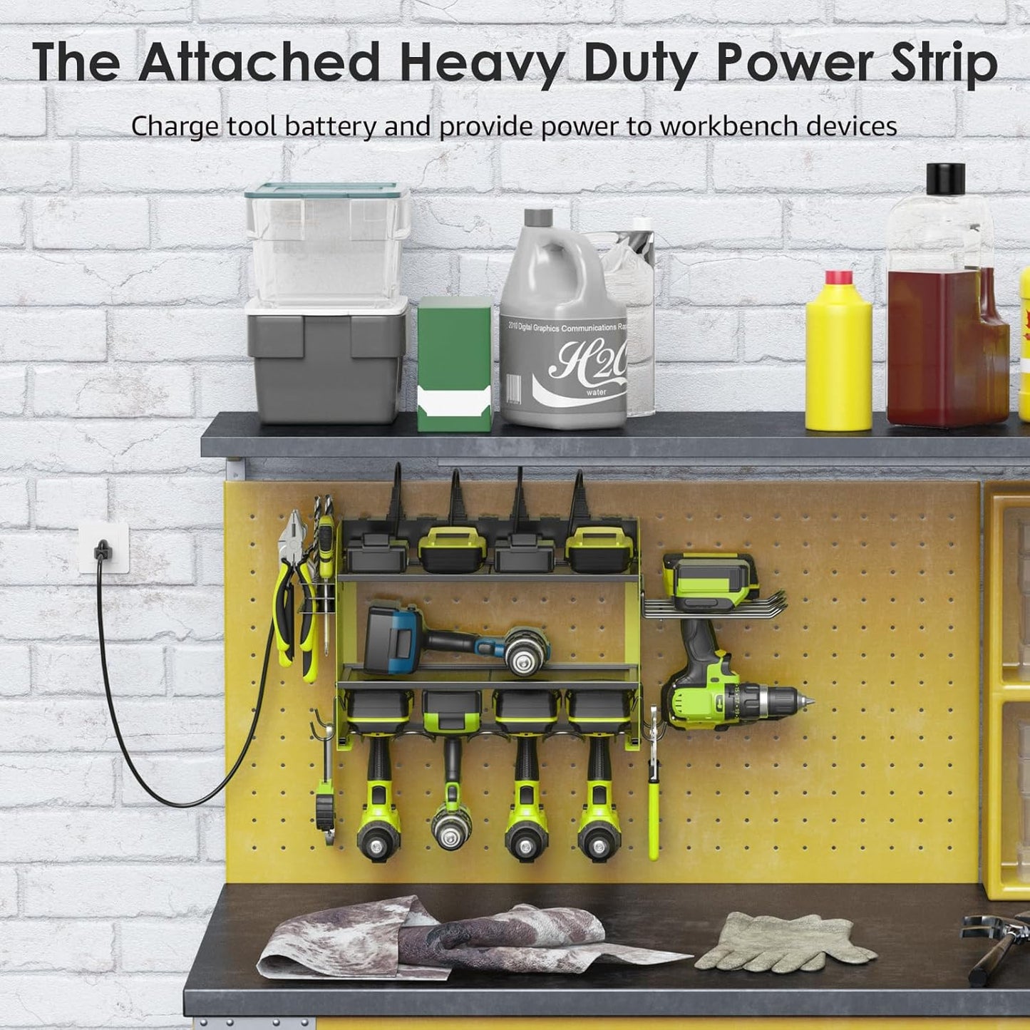 CCCEI Modular Power Tool Organizer Wall Mount Charging Station, Green 6 Drills Holder with 8 Plug Power Strip 6FT, Garage Drill Battery Heavy Duty Metal Shelf, Utility Rack with Hooks, Side Storage.
