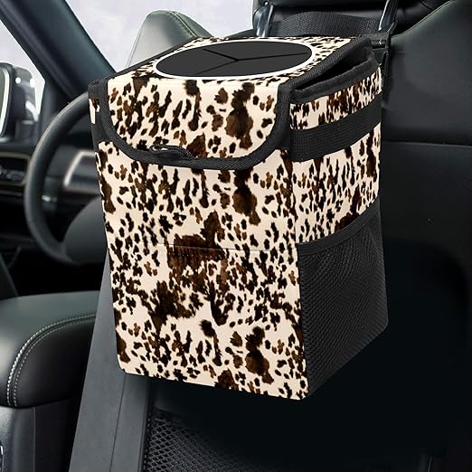 Brown Western Cow Print Car Trash Can with Lid - Collapsible Reusable Waterproof Automotive Garbage Can